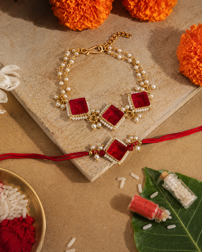 Red Yugansh Bhaiya Bhabhi Rakhi Bracelet Set | Tilak Set Included