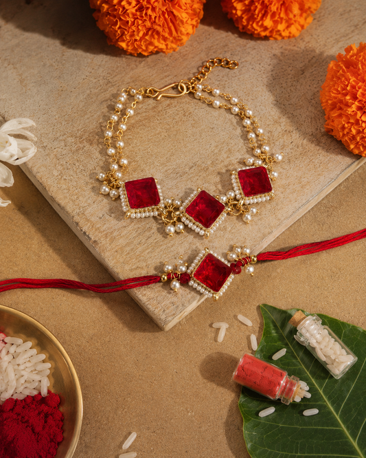 Red Yugansh Bhaiya Bhabhi Rakhi Bracelet Set | Tilak Set Included