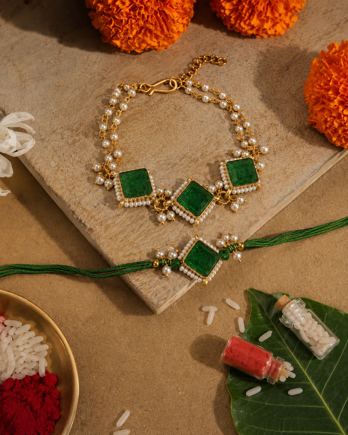 Green Yugansh Bhaiya Bhabhi Rakhi Bracelet Set | Tilak Set Included