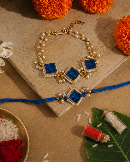Blue Yugansh Bhaiya Bhabhi Rakhi Bracelet Set | Tilak Set Included
