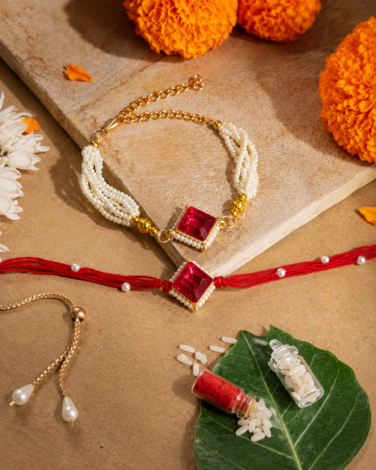 Red Roushmi Bhaiya Bhabhi Rakhi Bracelet Set | Tilak Set Included