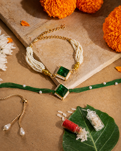 Green Roushmi Bhaiya Bhabhi Rakhi Bracelet Set | Tilak Set Included