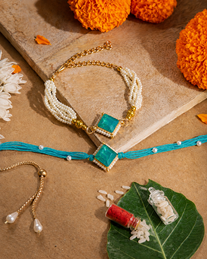 Turquoise Roushmi Bhaiya Bhabhi Rakhi Bracelet Set | Tilak Set Included