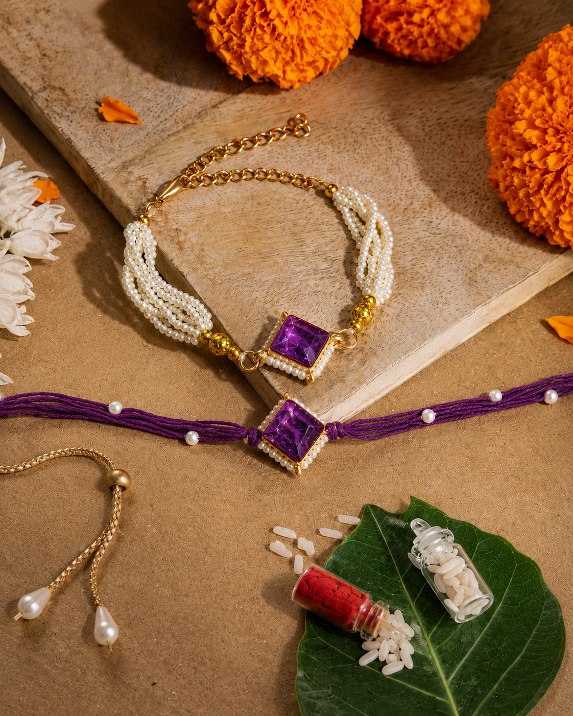 Purple Roushmi Bhaiya Bhabhi Rakhi Bracelet Set | Tilak Set Included