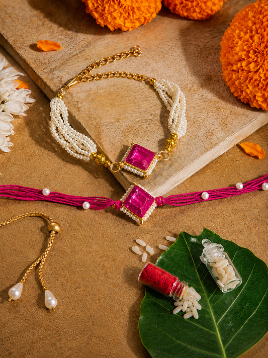 Pink Roushmi Bhaiya Bhabhi Rakhi Bracelet Set | Tilak Set Included