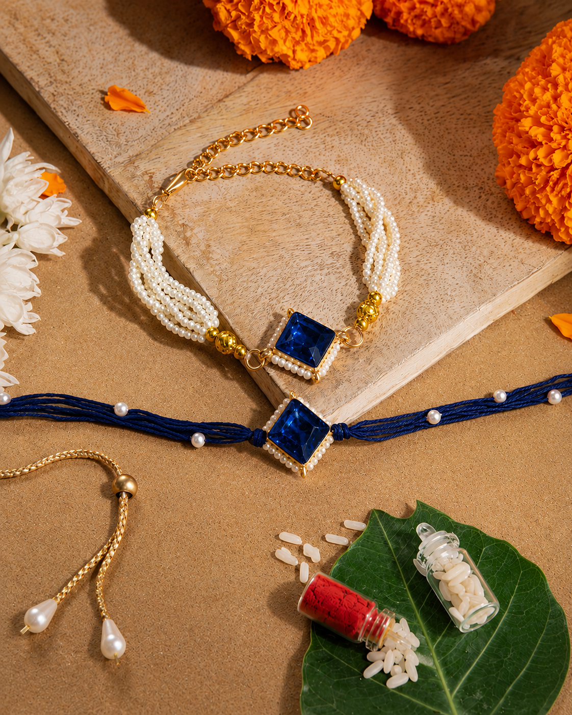 Blue Roushmi Bhaiya Bhabhi Rakhi Bracelet Set | Tilak Set Included