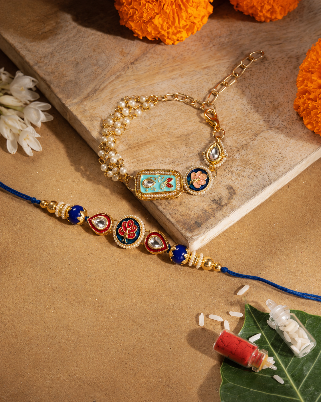 Turquoise Ovisha Meena Bhaiya Bhabhi Rakhi Bracelet Set | Tilak Set Included