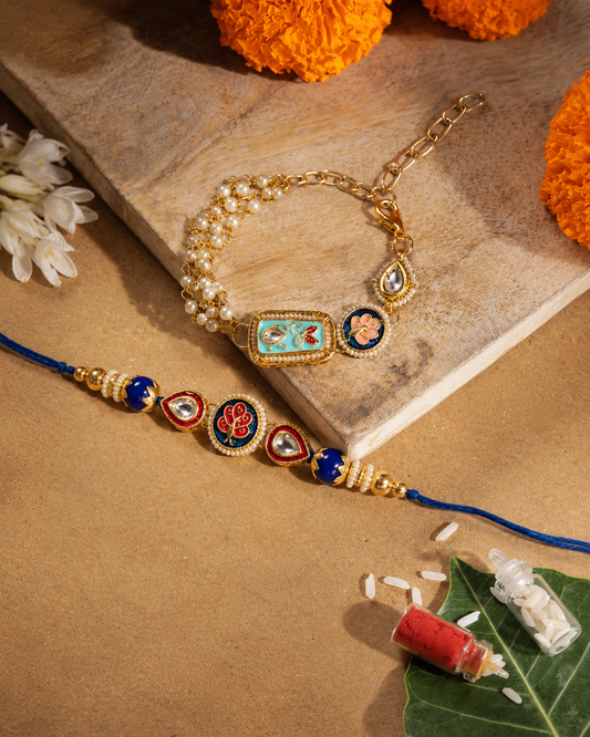 Turquoise Ovisha Meena Bhaiya Bhabhi Rakhi Bracelet Set | Tilak Set Included