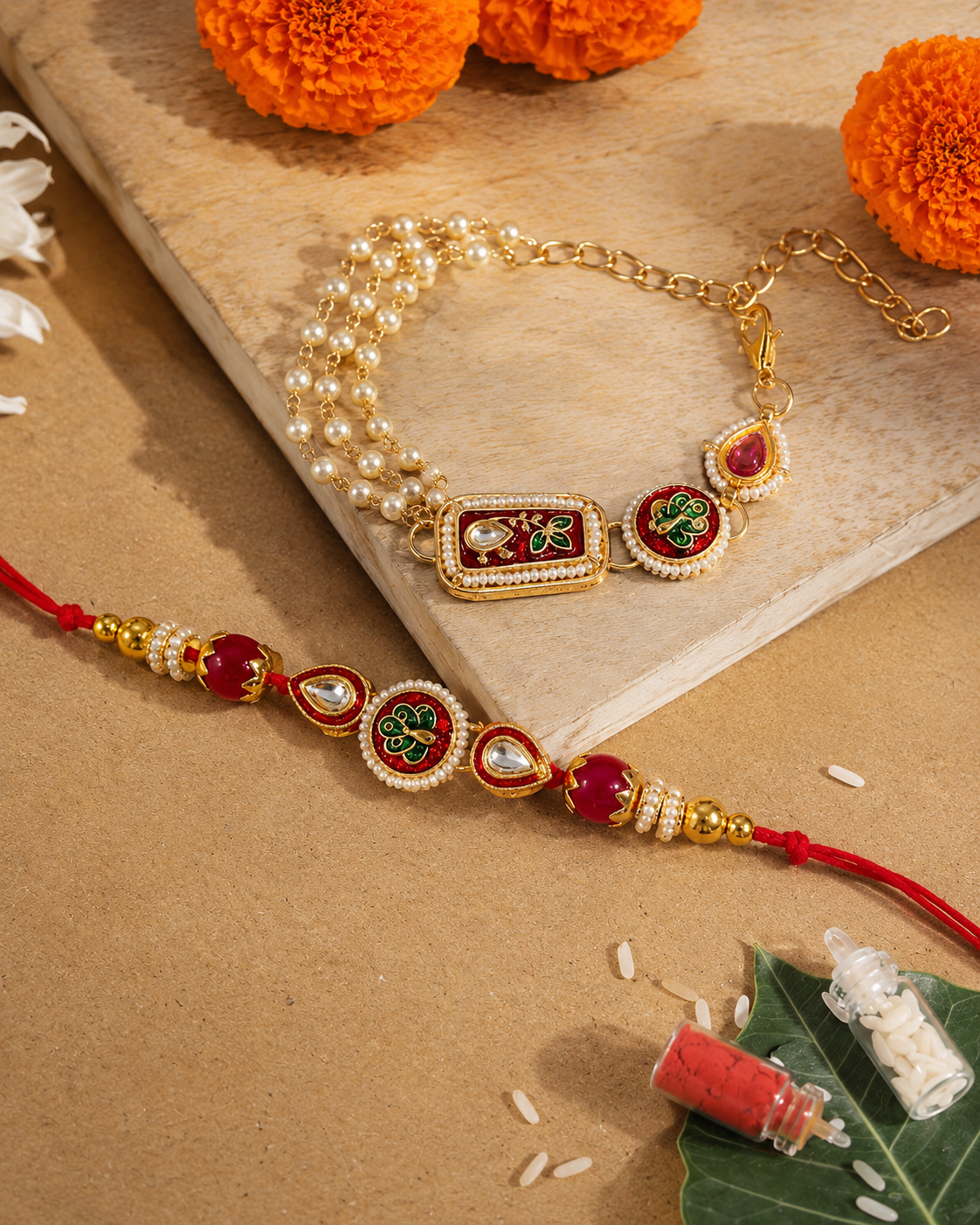 Red Ovisha Meena Bhaiya Bhabhi Rakhi Bracelet Set | Tilak Set Included