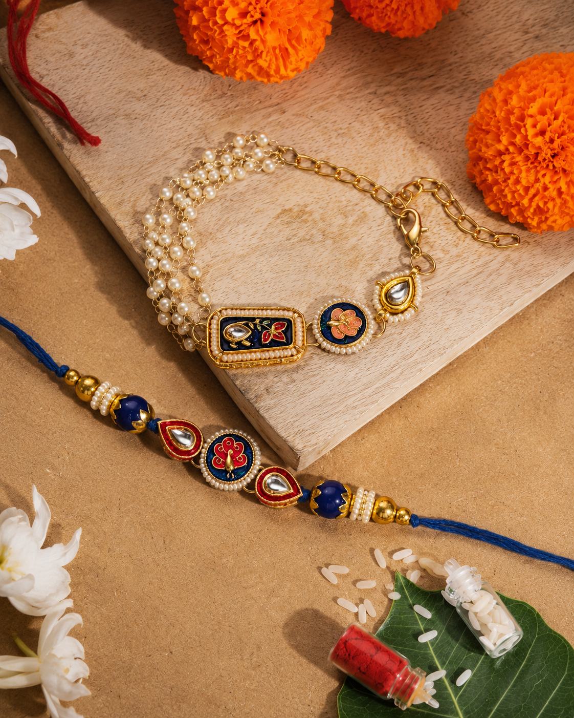 Blue Ovisha Meena Bhaiya Bhabhi Rakhi Bracelet Set | Tilak Set Included