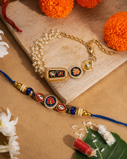 Blue Ovisha Meena Bhaiya Bhabhi Rakhi Bracelet Set | Tilak Set Included