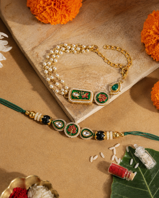 Green Ovisha Meena Bhaiya Bhabhi Rakhi Bracelet Set | Tilak Set Included