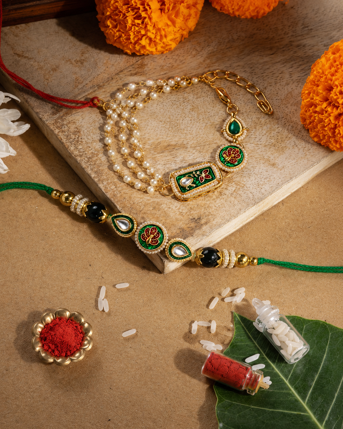Green Ovisha Meena Bhaiya Bhabhi Rakhi Bracelet Set | Tilak Set Included