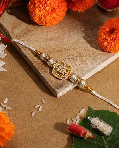 White Vihanth Kundan Meena Rakhi for Brother | Tilak Set Included