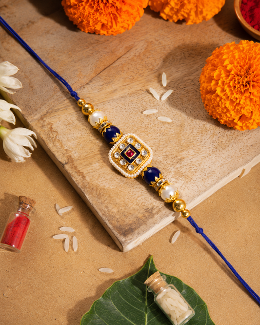 Blue Vihanth Kundan Meena Rakhi for Brother | Tilak Set Included