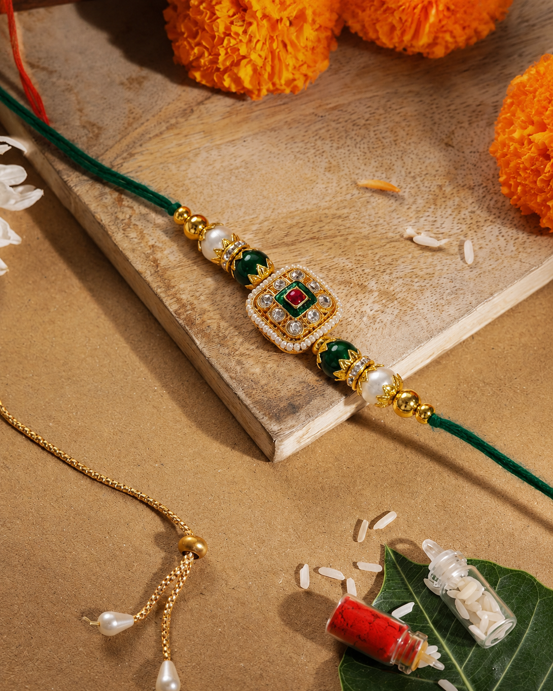 Green Vihanth Kundan Meena Rakhi for Brother | Tilak Set Included