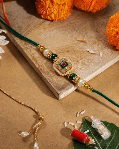 Green Vihanth Kundan Meena Rakhi for Brother | Tilak Set Included