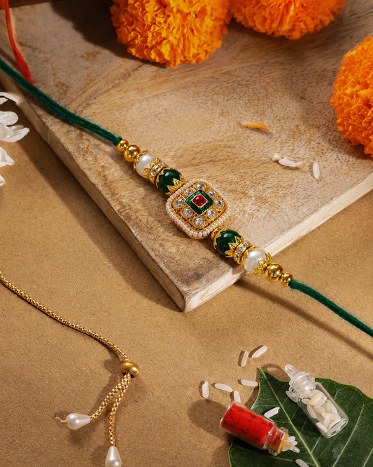 Green Vihanth Kundan Meena Rakhi for Brother | Tilak Set Included
