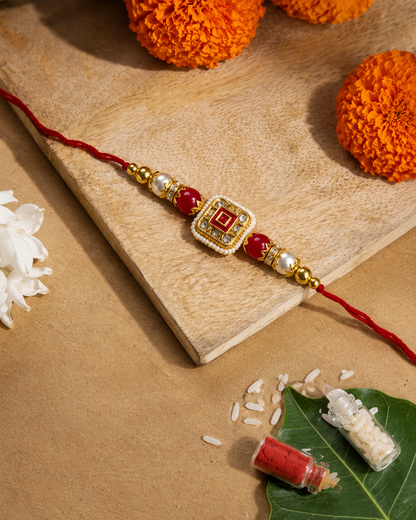 Red Vihanth Kundan Meena Rakhi for Brother | Tilak Set Included