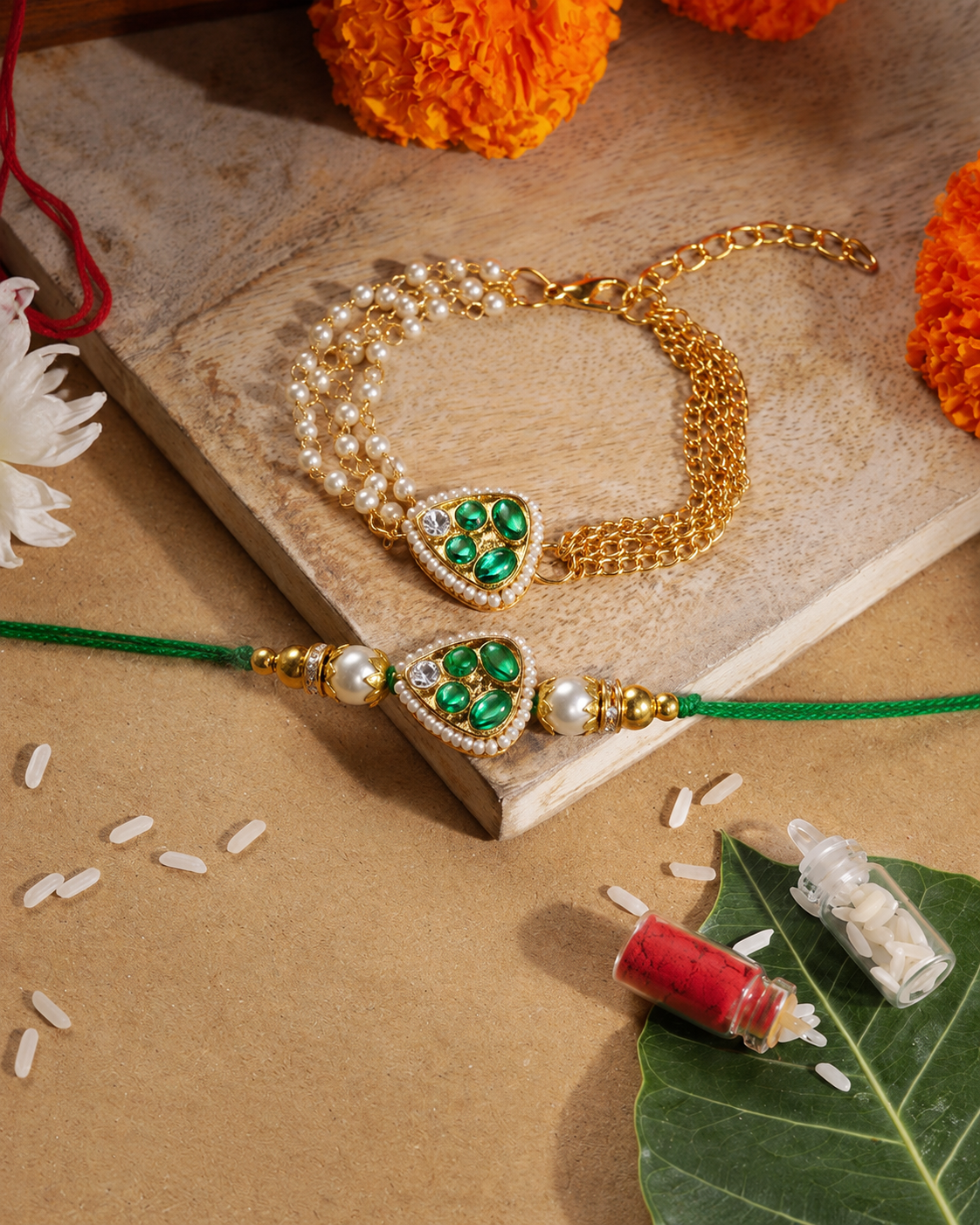 Green Kairika Bhaiya Bhabhi Rakhi Bracelet Set | Tilak Set Included