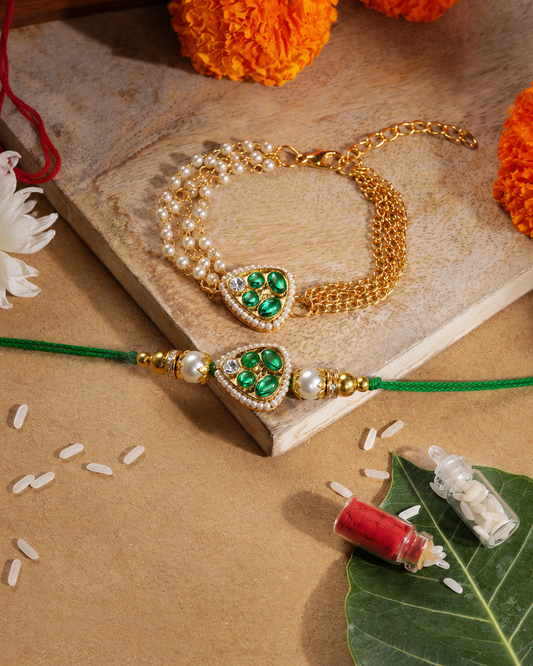 Green Kairika Bhaiya Bhabhi Rakhi Bracelet Set | Tilak Set Included