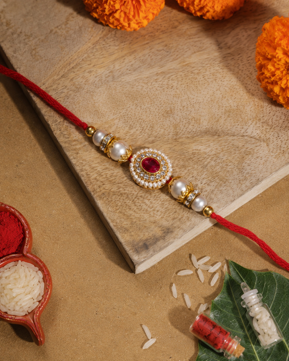 Red Maerika Zircone Rakhi for Brother | Tilak Set Included