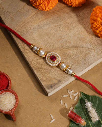 Red Maerika Zircone Rakhi for Brother | Tilak Set Included