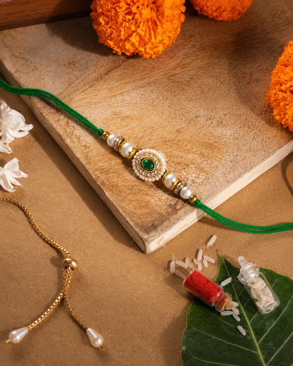 Green Maerika Zircone Rakhi for Brother | Tilak Set Included