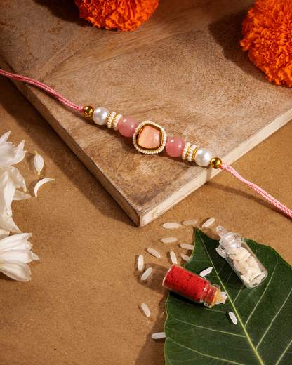 Peach Elanika Kundan Rakhi for Brother | Tilak Set Included