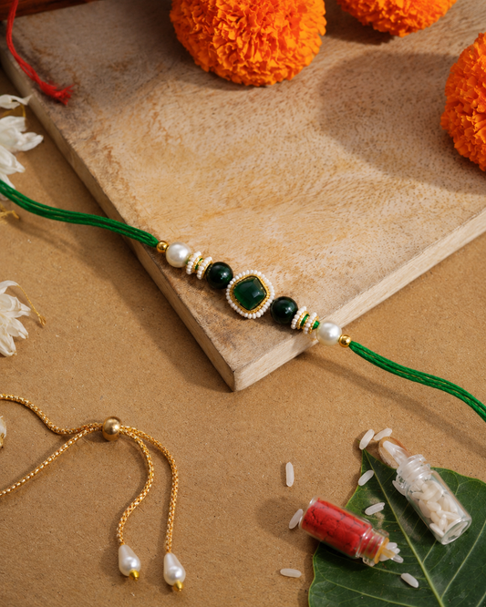 Green Elanika Kundan Rakhi for Brother | Tilak Set Included