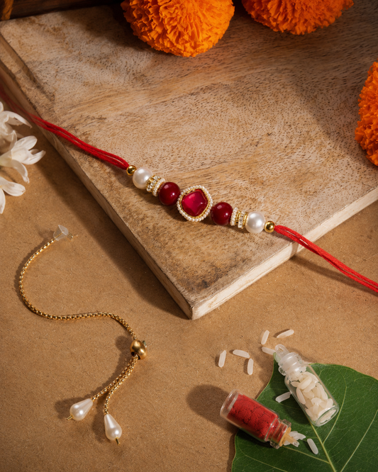 Red Elanika Kundan Rakhi for Brother | Tilak Set Included
