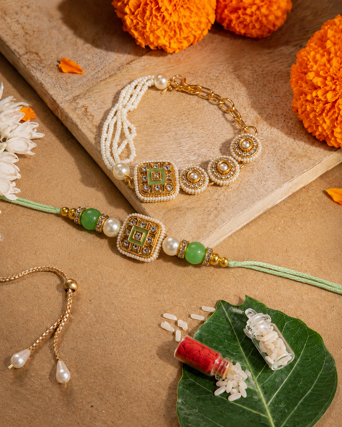 Mint Zavianth Kundan Meena Bhaiya Bhabhi Rakhi Bracelet Set | Tilak Set Included