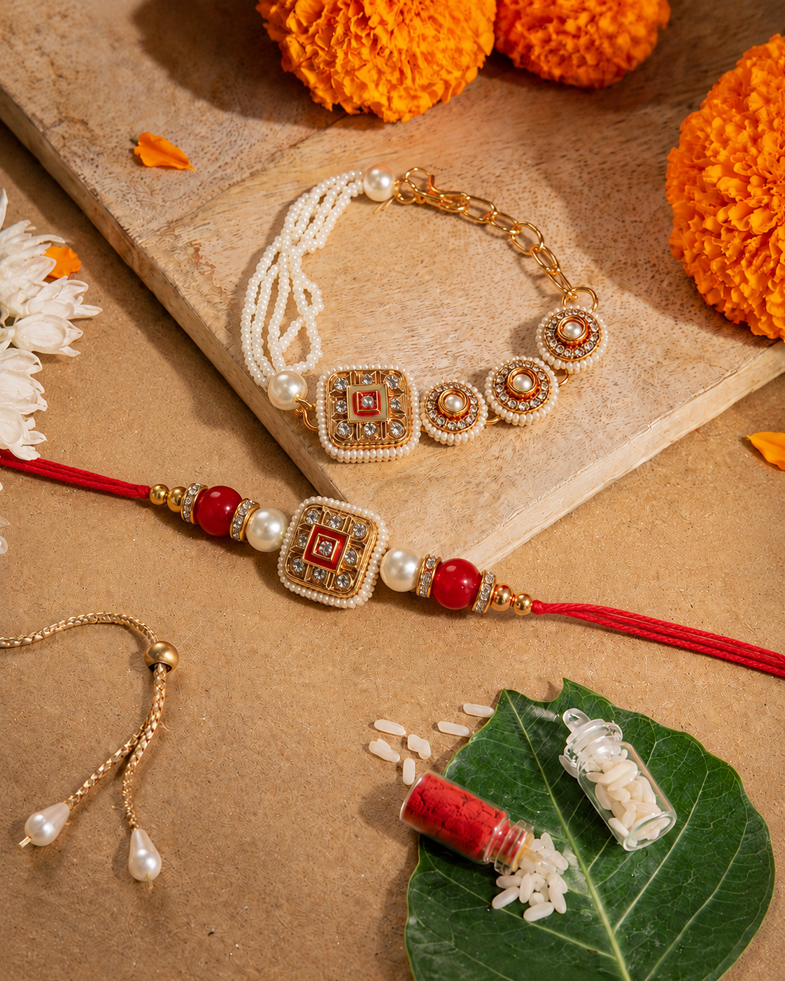 Red Zavianth Kundan Meena Bhaiya Bhabhi Rakhi Bracelet Set | Tilak Set Included