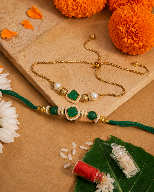 Green Trivika Bhaiya Bhabhi Rakhi Bracelet Set | Tilak Set Included
