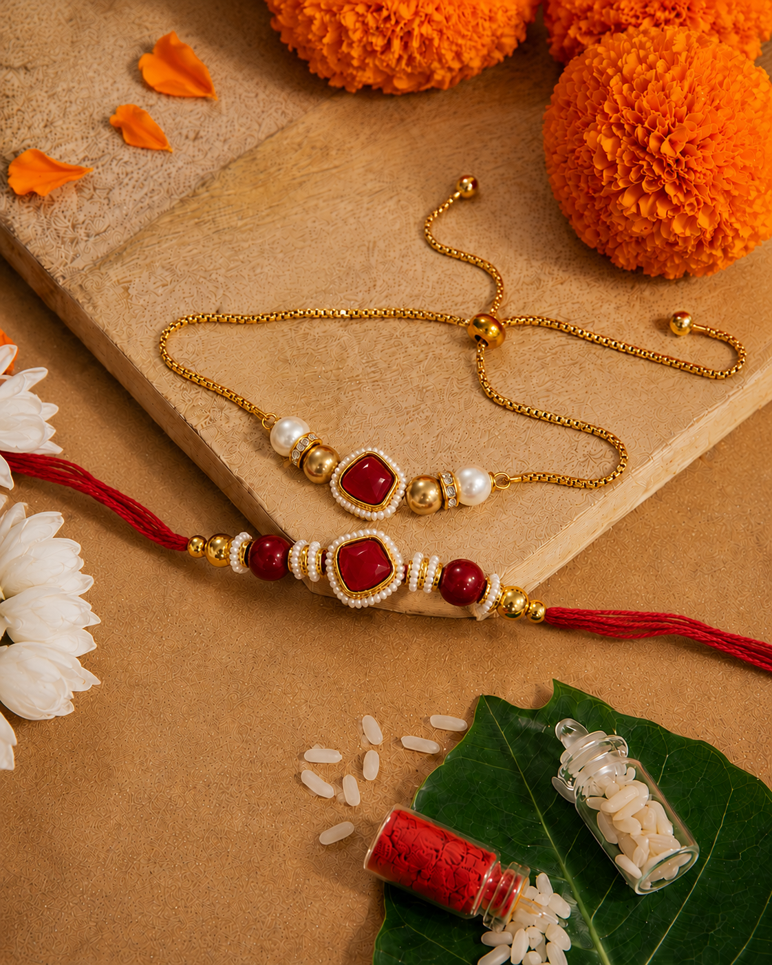 Ruby Trivika Bhaiya Bhabhi Rakhi Bracelet Set | Tilak Set Included