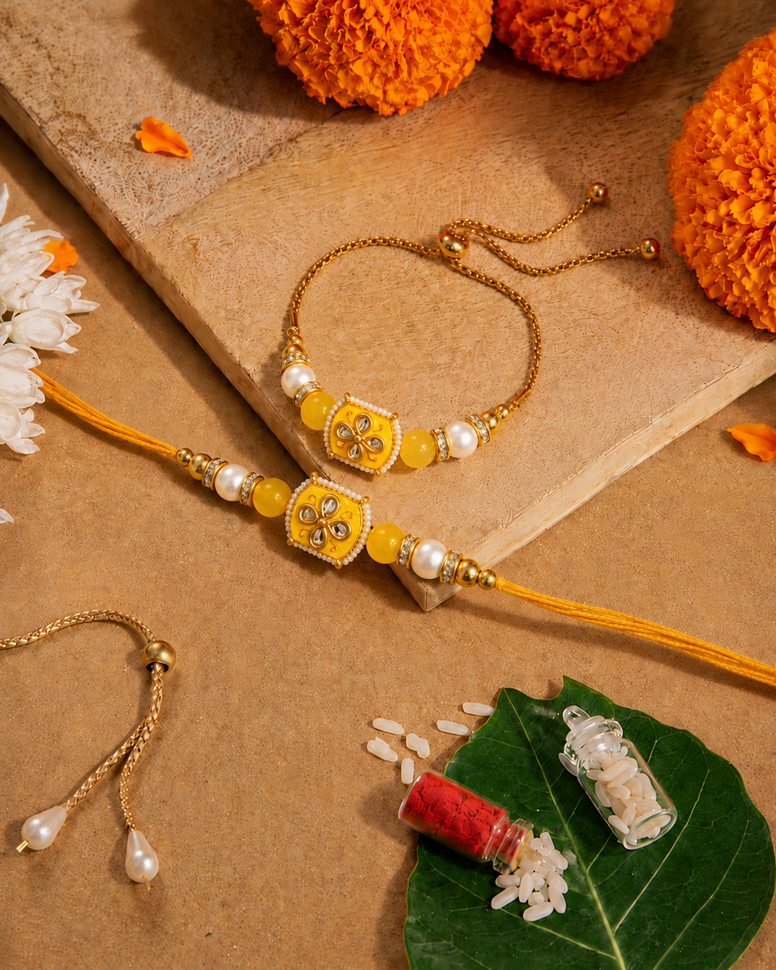 Yellow Aarlina Bhaiya Bhabhi Rakhi Bracelet Set | Tilak Set Included