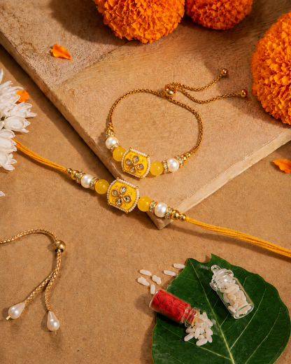 Yellow Aarlina Bhaiya Bhabhi Rakhi Bracelet Set | Tilak Set Included
