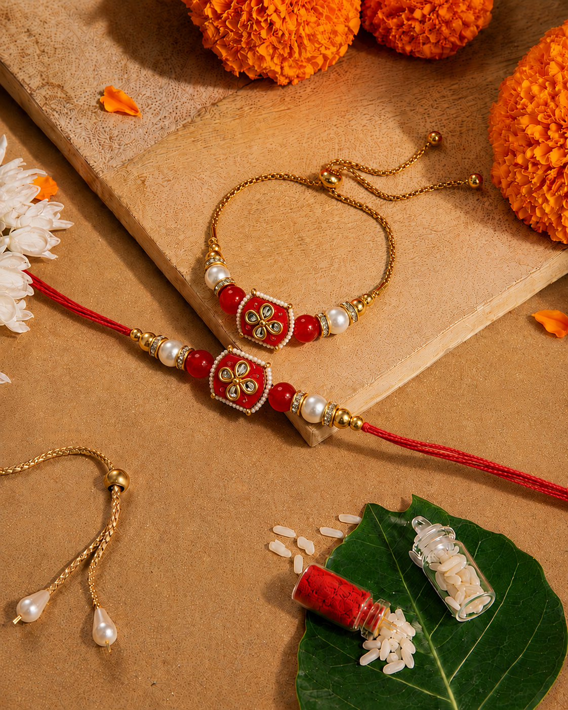 Red Aarlina Bhaiya Bhabhi Rakhi Bracelet Set | Tilak Set Included
