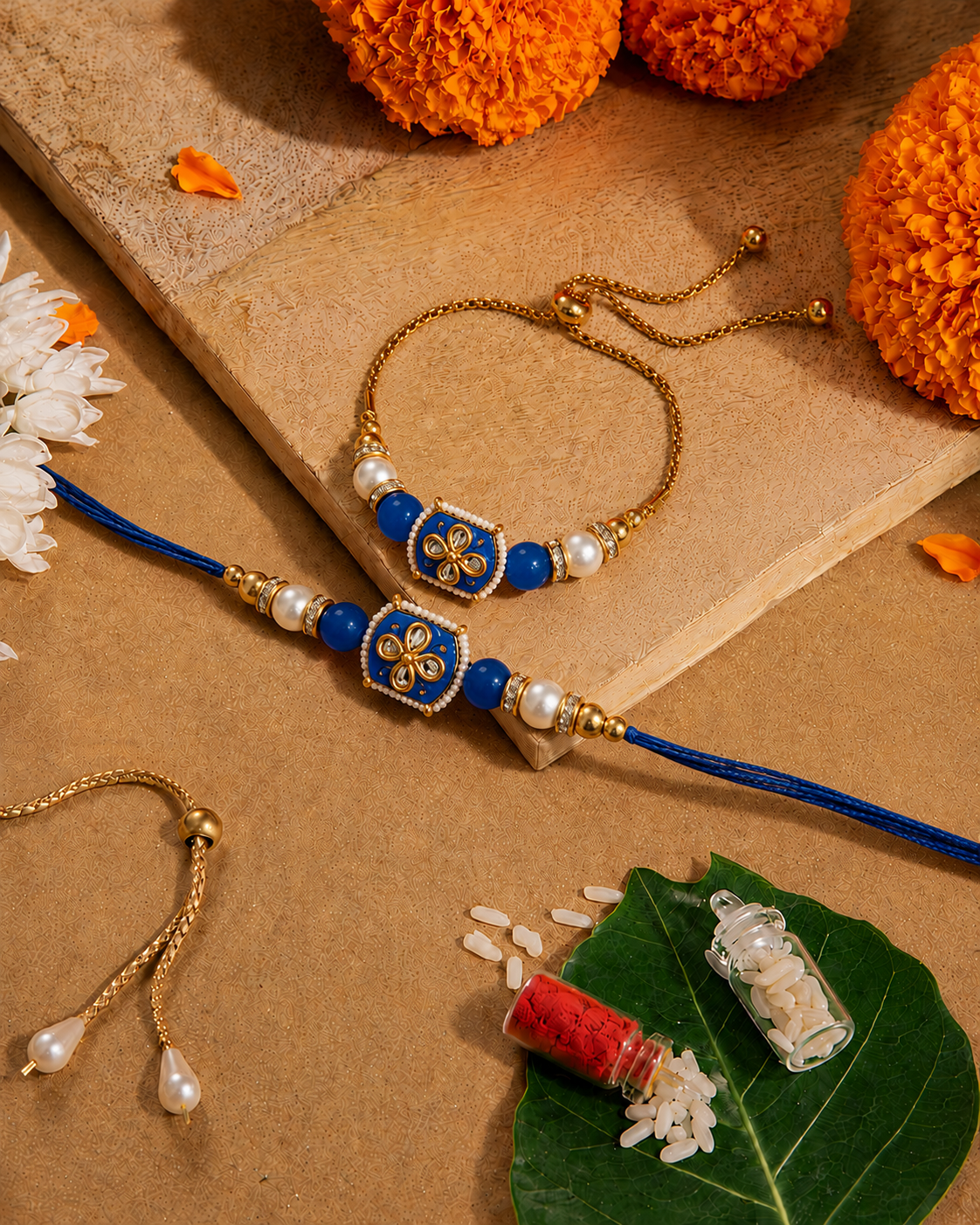 Blue Aarlina Bhaiya Bhabhi Rakhi Bracelet Set | Tilak Set Included