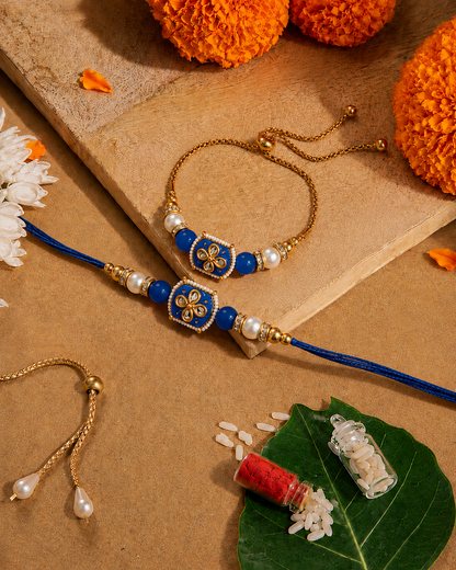 Blue Aarlina Bhaiya Bhabhi Rakhi Bracelet Set | Tilak Set Included