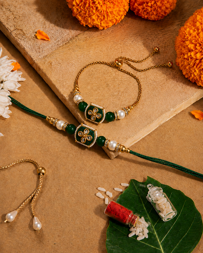 Green Aarlina Bhaiya Bhabhi Rakhi Bracelet Set | Tilak Set Included