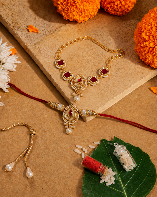 Red Varyan Bhaiya Bhabhi Rakhi Bracelet Set | Tilak Set Included