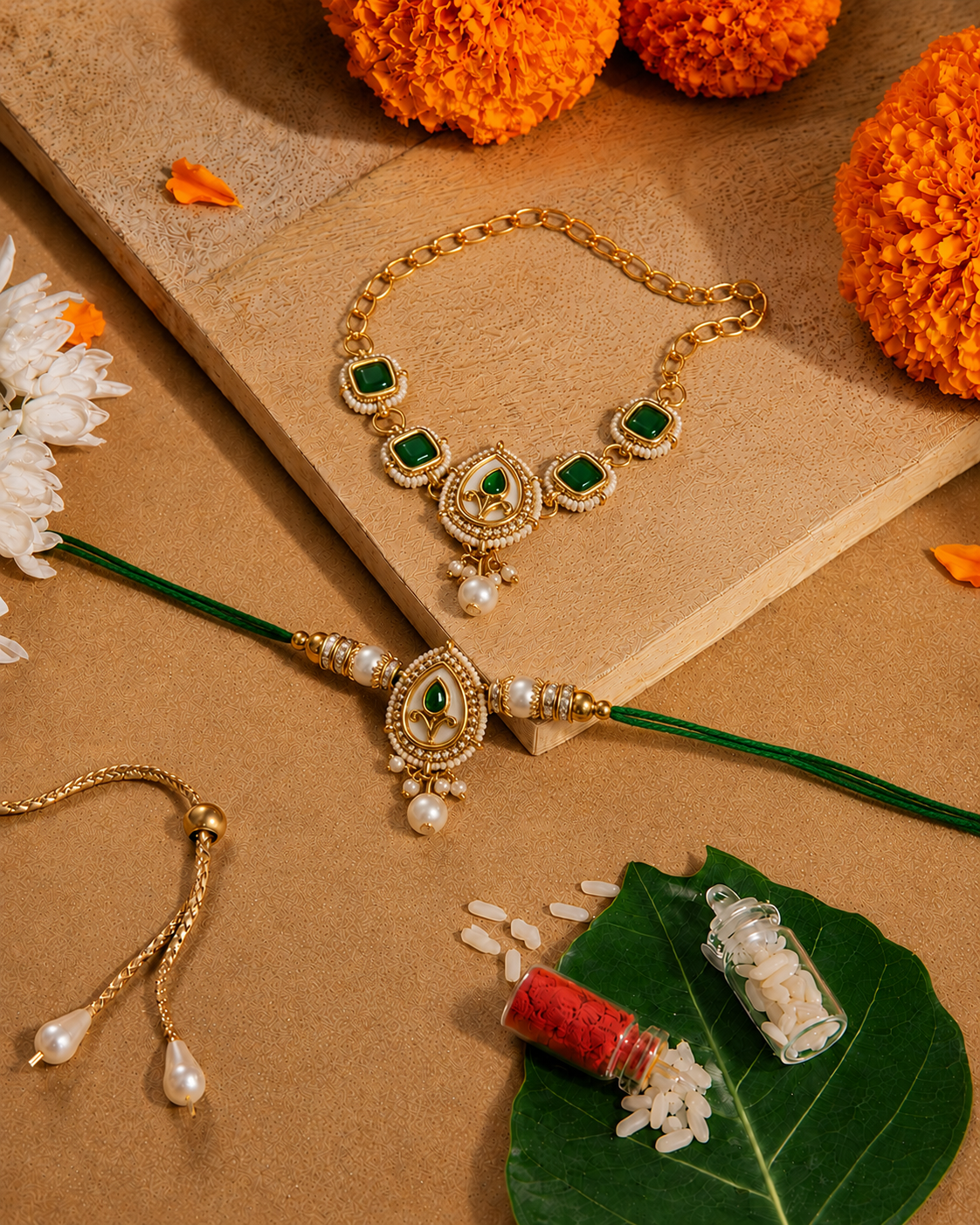 Green Varyan Bhaiya Bhabhi Rakhi Bracelet Set | Tilak Set Included