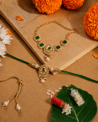 Green Varyan Bhaiya Bhabhi Rakhi Bracelet Set | Tilak Set Included