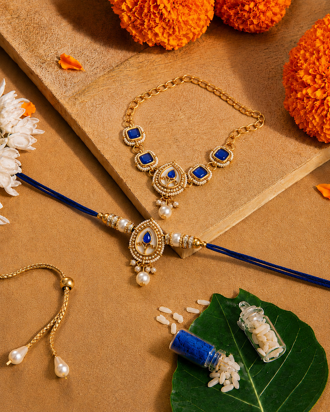 Blue Varyan Bhaiya Bhabhi Rakhi Bracelet Set | Tilak Set Included