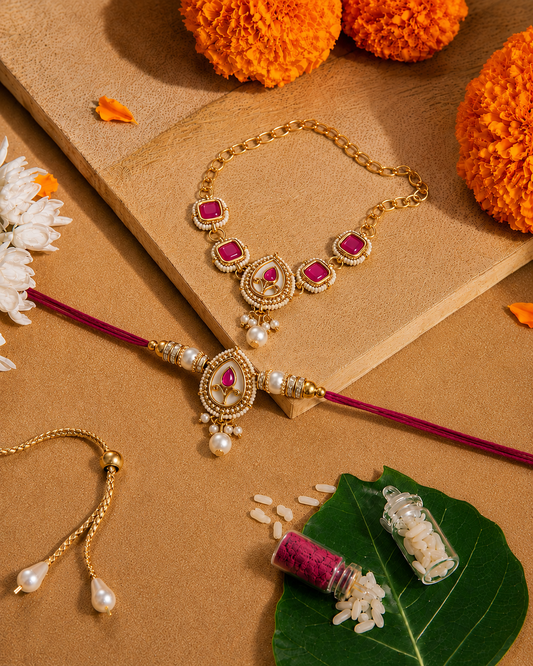 Pink Varyan Bhaiya Bhabhi Rakhi Bracelet Set | Tilak Set Included