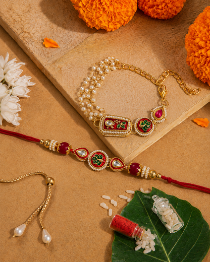 Red Ovisha Meena Bhaiya Bhabhi Rakhi Bracelet Set | Tilak Set Included
