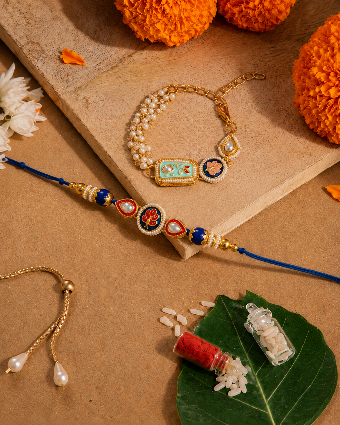Turquoise Ovisha Meena Bhaiya Bhabhi Rakhi Bracelet Set | Tilak Set Included