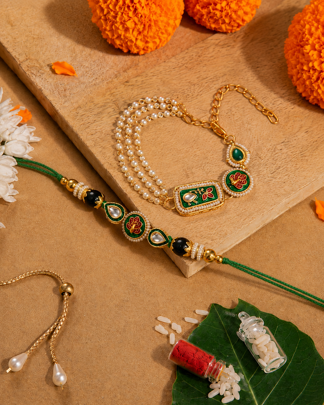 Green Ovisha Meena Bhaiya Bhabhi Rakhi Bracelet Set | Tilak Set Included