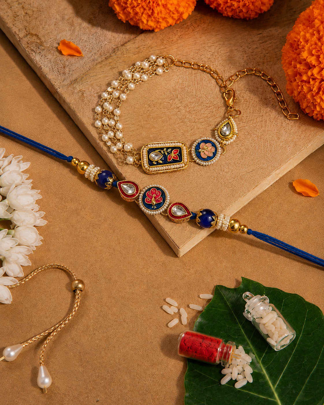 Blue Ovisha Meena Bhaiya Bhabhi Rakhi Bracelet Set | Tilak Set Included